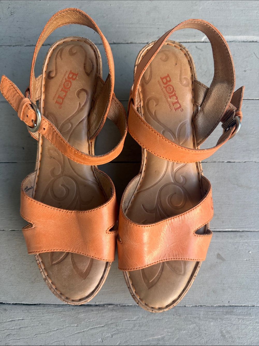 100% Leather Upper EUC Born Orange Leather Cork Wedge Sandals - Picture 3 of 6